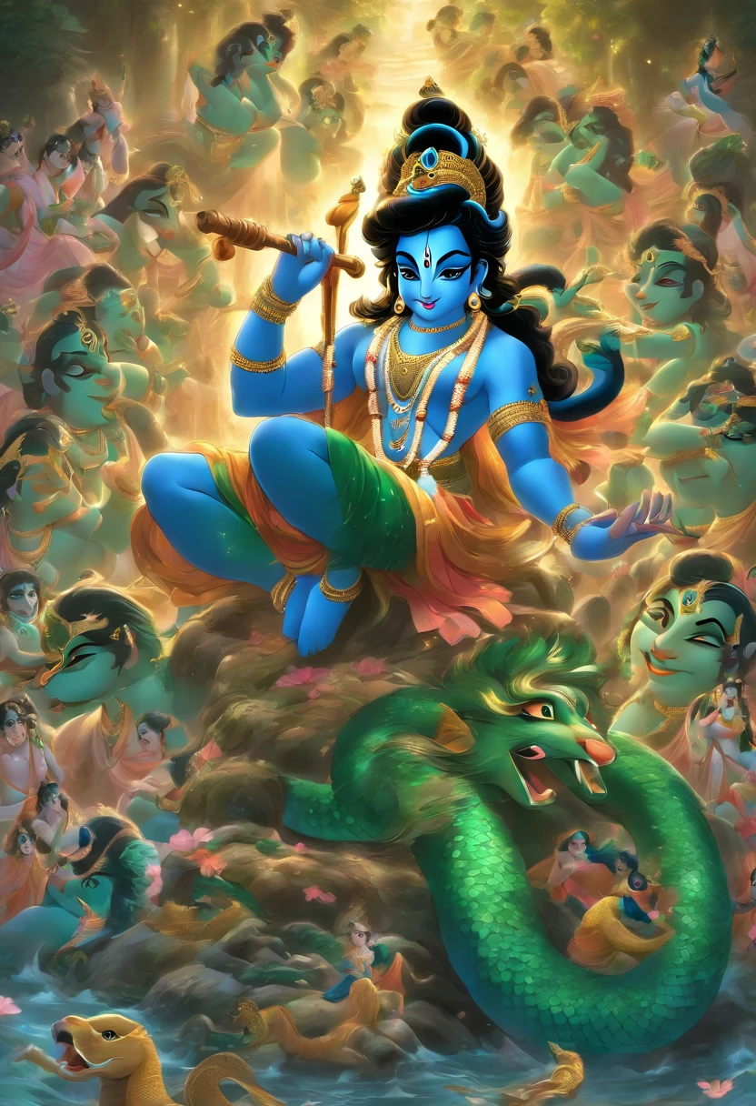 (((Krishna))) best quality, ultra-high resolution, 4K detailed CG, master piece,Krishna Hindu god,on top of serpent,snake,multiple heads,snake,dark green,coming out of river,River,Hindu mythology, ((on top of the snake)), Hindu image, aesthetic, beautiful, centered on the screen