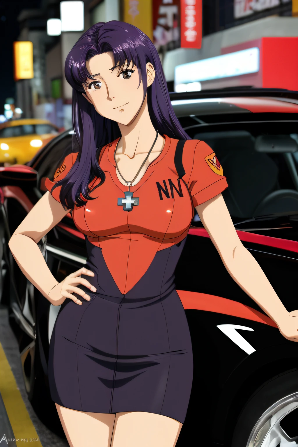 Misato Katsuragi, Evangelion, EVA 01, ropa intima, obra maestra, transparente, obra maestra, renderizar, NIKON, 1.8f, bokeeh, luces tenues, hermosa, purple hair, cabello morado, ojos hermosos, perfecta, cuerpo perfecto, belleza, ciudad, Tokio streets, noche, night, neon genesis, boina, short black dress, knecklace cross, sports car in the background