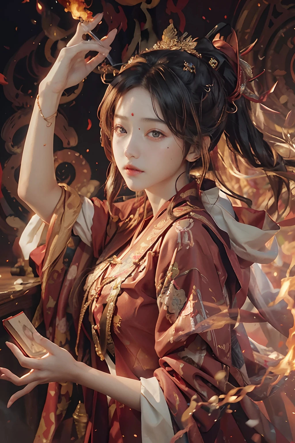 (RAW photo, best quality), (realistic, photo-realistic:1.3), best quality, highly detailed, masterpiece, ultra-detailed, illustration, 1girl, upper_body, dynamic angle, world mastery theater, messy_long_hair,best quality, extremely detailed CG unity 8k壁纸，ink，astounding，电影灯光，lens_flare，dunhuang_style，Redcoat，steed，firey，fengxi