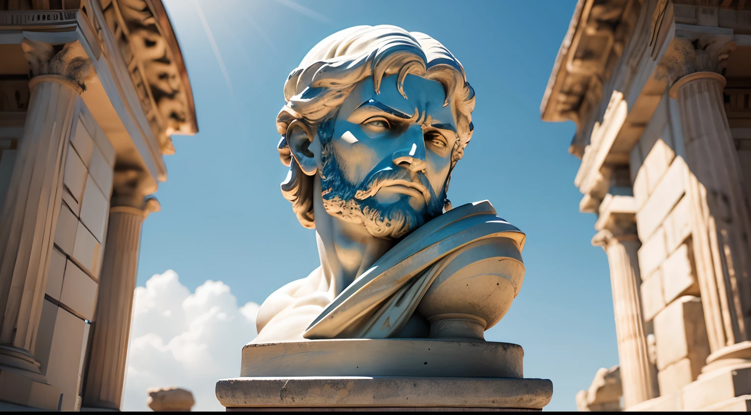 Ancient greek statue with angry expression, ambiente escuro, ao ceu aberto, 35 mm,body, lateralmente, extremamente detalhado, Colors with low saturation with dark tone, Filmado em Sony A7S III com Sony FE 35mm f/1.8, 12.1 MP, --AR 3:2 --estilo cru