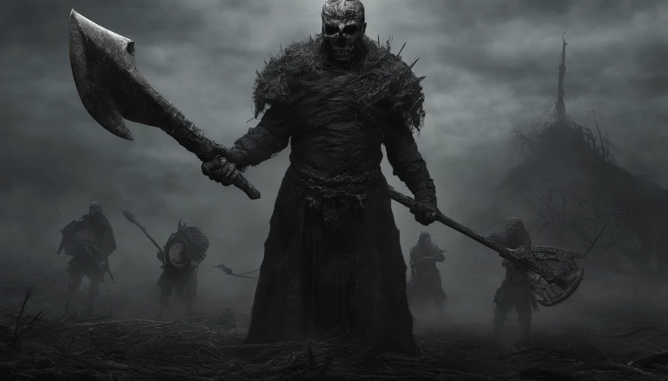guerreiro magico de rpg, pele escura, orelhas de elfo, With a war axe in each hand, realista, super detalhado, cenario caotico de guerra, armadura preta