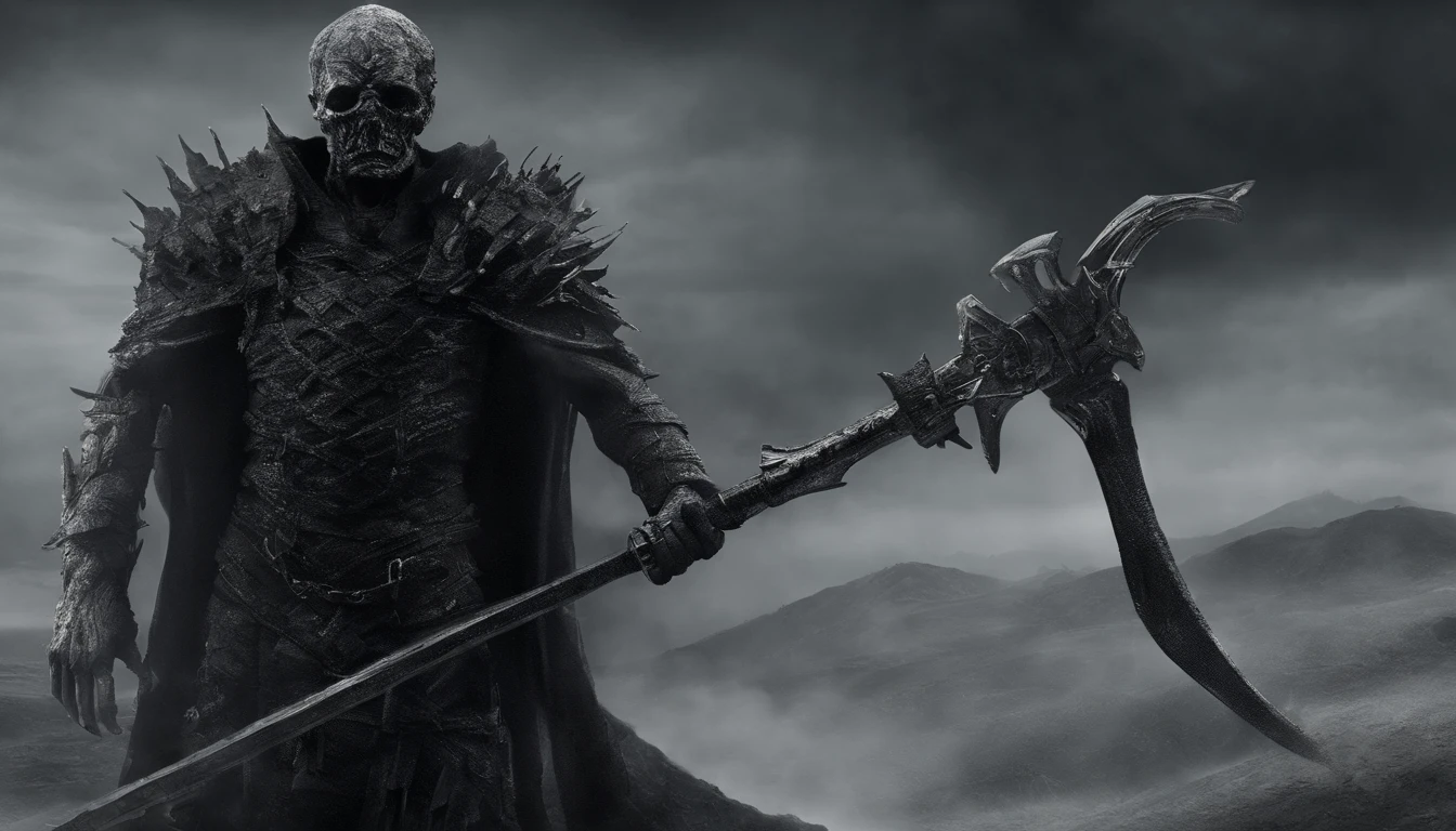 guerreiro magico de rpg, pele escura, orelhas de elfo, With a war axe in each hand, realista, super detalhado, cenario caotico de guerra, armadura preta