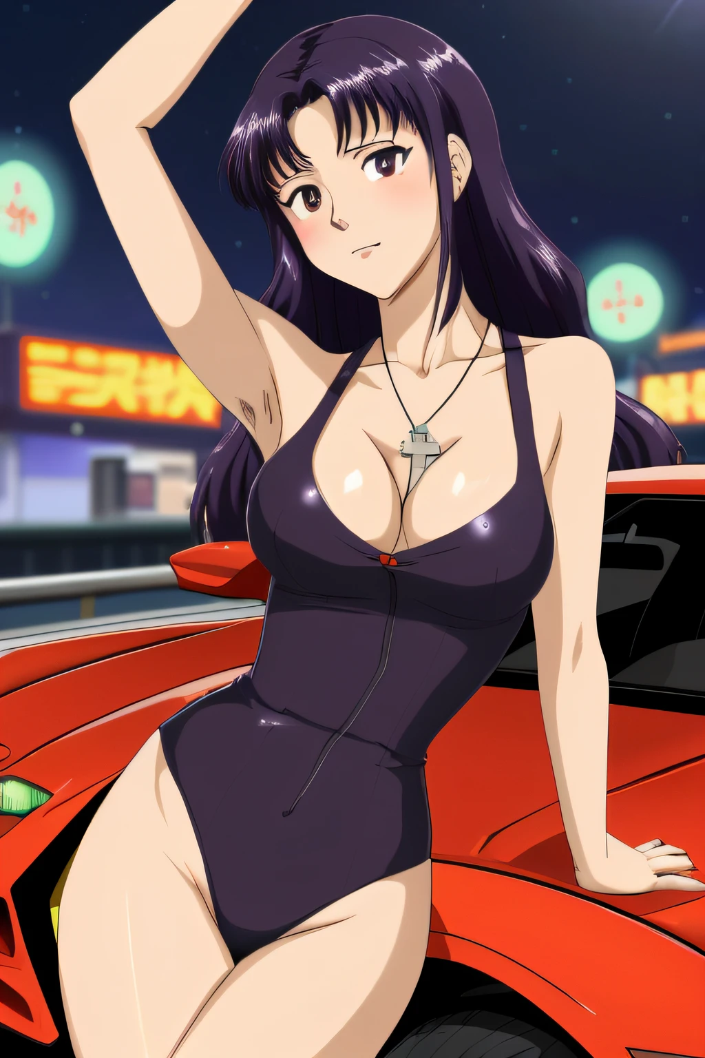 Misato Katsuragi, Evangelion, EVA 01, yellow bathing suit sexy, obra maestra, obra maestra, renderizar, NIKON, 1.8f, bokeeh, luces tenues, hermosa, purple hair, cabello morado, ojos hermosos, perfecta, cuerpo perfecto, belleza, ciudad, Tokio streets, noche, night, neon genesis, boina, short black dress, knecklace cross, anime big eyes, sports car in the background, girlish