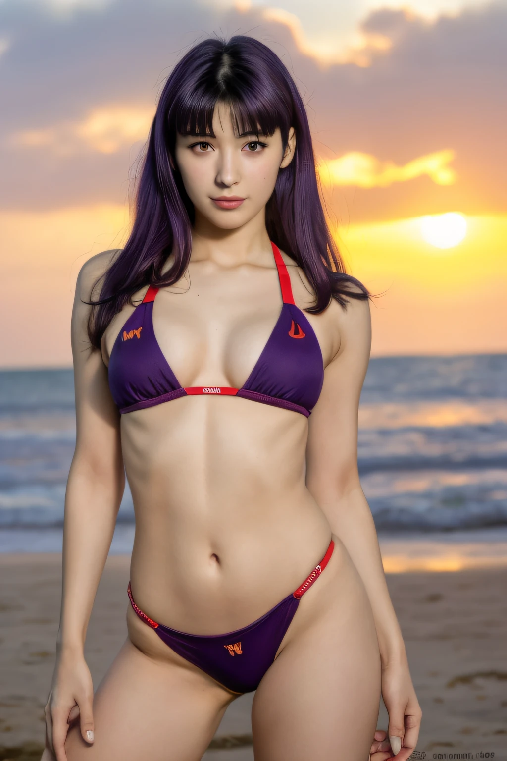 Misato Katsuragi, Evangelion, EVA 01, bikini amarillo, sexy, obra maestra, obra maestra, renderizar, NIKON, 1.8f, bokeeh, luces tenues, hermosa, purple hair, cabello morado, ojos hermosos, perfecta, cuerpo perfecto, belleza, ciudad, beach, day, volleyball, beer, cerveza