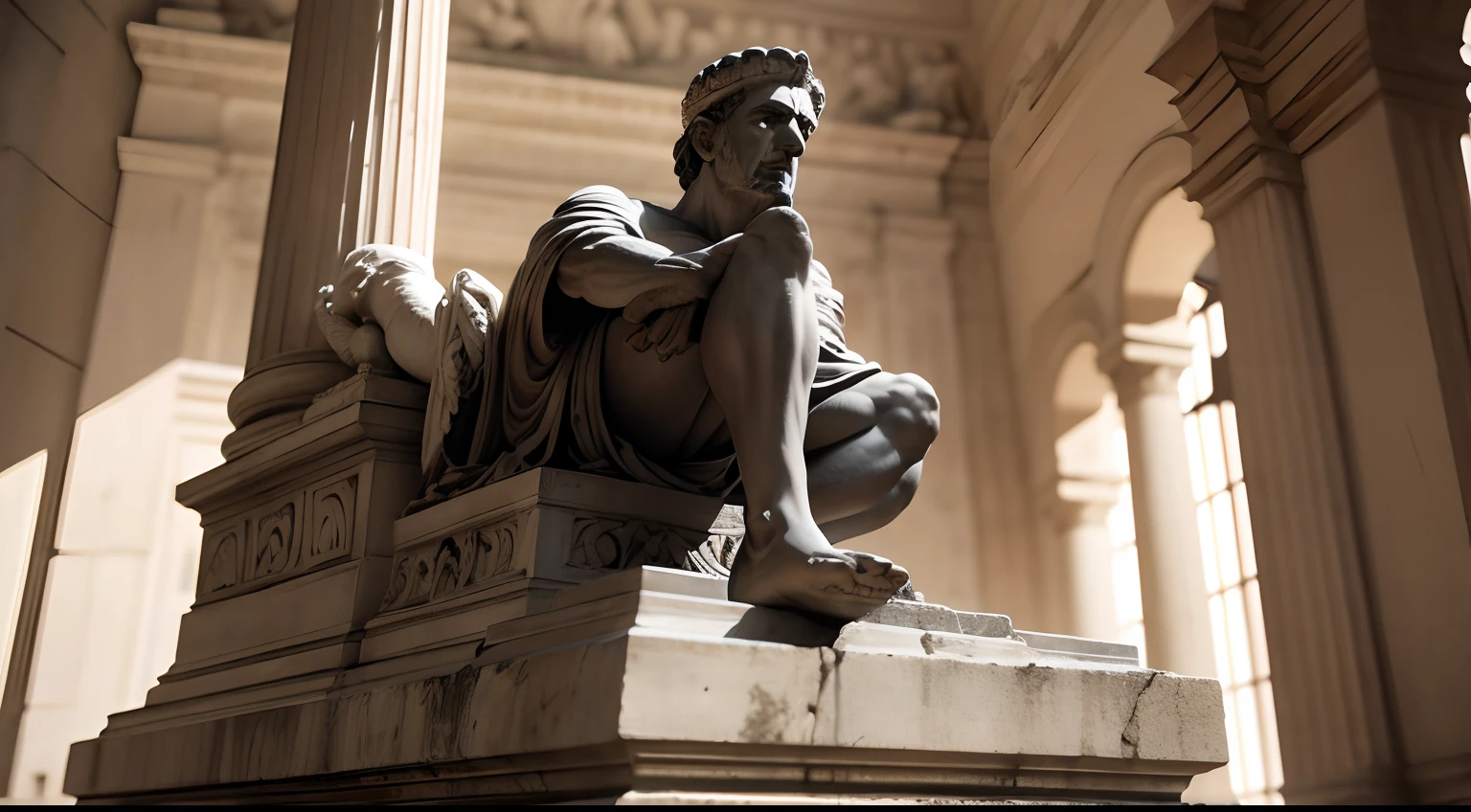 Ancient greek statue with angry expression, ambiente escuro, ao ceu aberto, 35 mm, full body, lateralmente, extremamente detalhado, Colors with low saturation with dark tone, Filmado em Sony A7S III com Sony FE 35mm f/1.8, 12.1 MP, --AR 3:2 --estilo cru