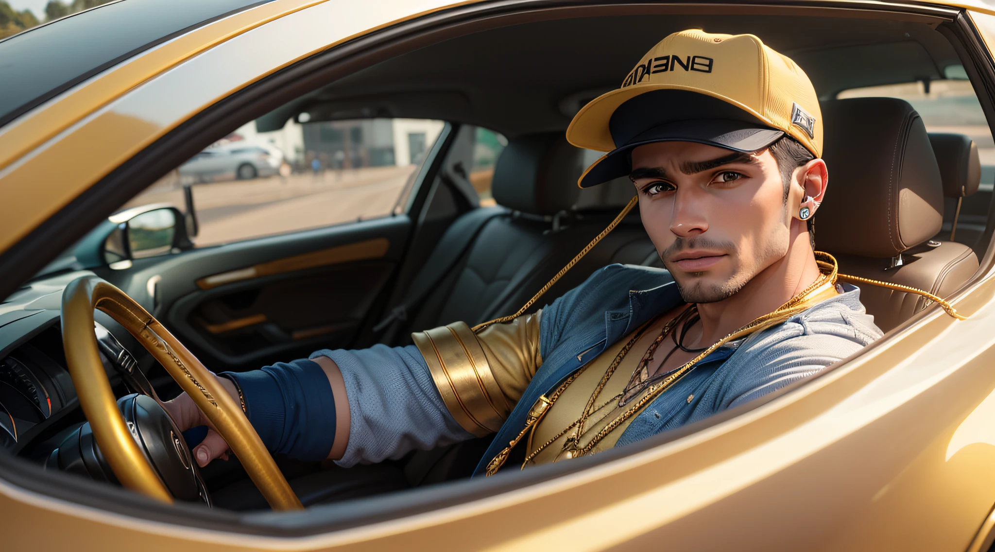 Man wearing cap and gold cord, dente de ouro, ao fundo carros de corrida