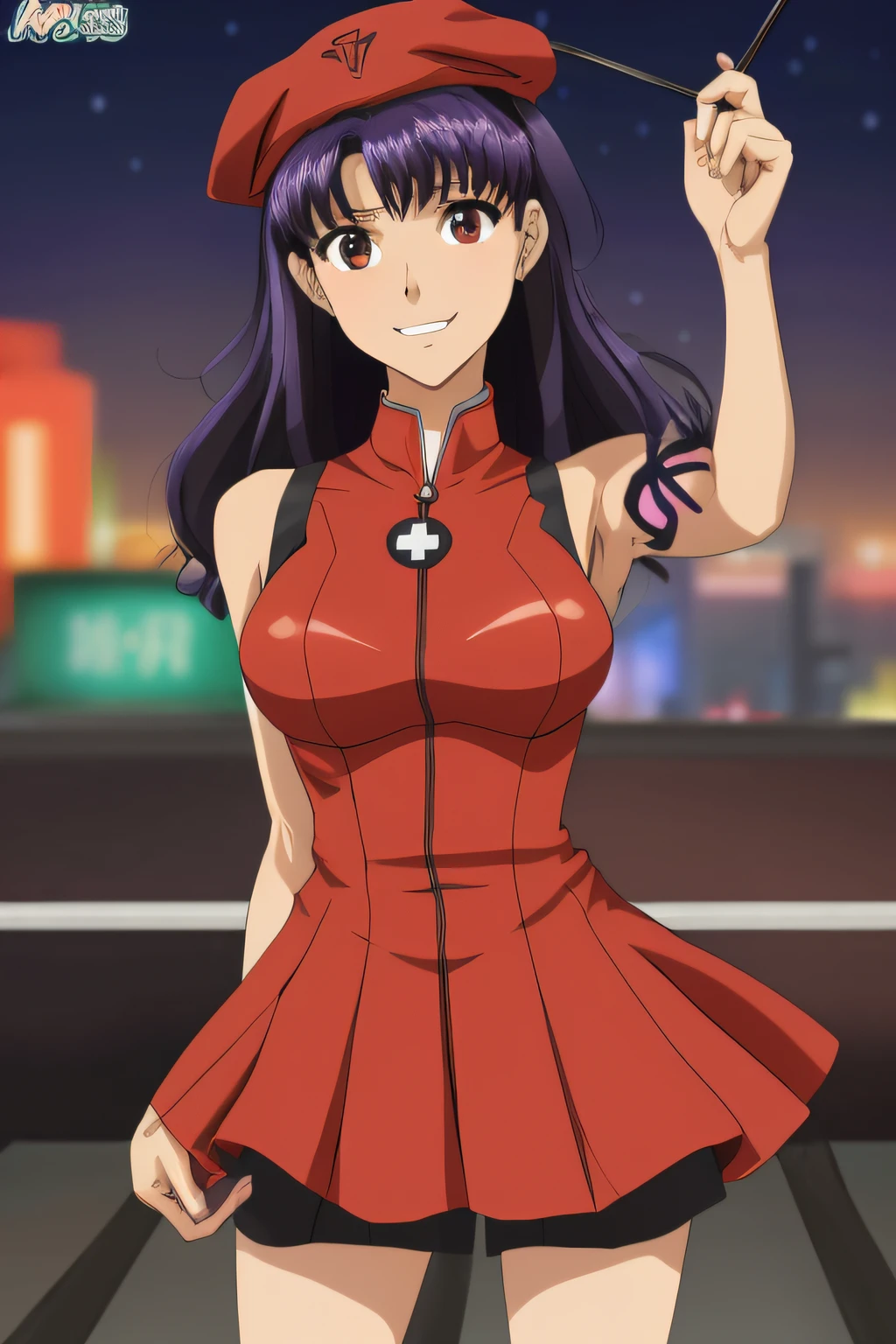 Misato Katsuragi, Evangelion, EVA 01, vestido corto negro, sexy, obra maestra, obra maestra, renderizar, NIKON, 1.8f, bokeeh, luces tenues, hermosa, purple hair, cabello morado, ojos hermosos, perfecta, cuerpo perfecto, belleza, ciudad, Tokio streets, noche, night, neon genesis, boina, short black dress, knecklace cross, beret NERV logo, NERV, neon genisis evangelion