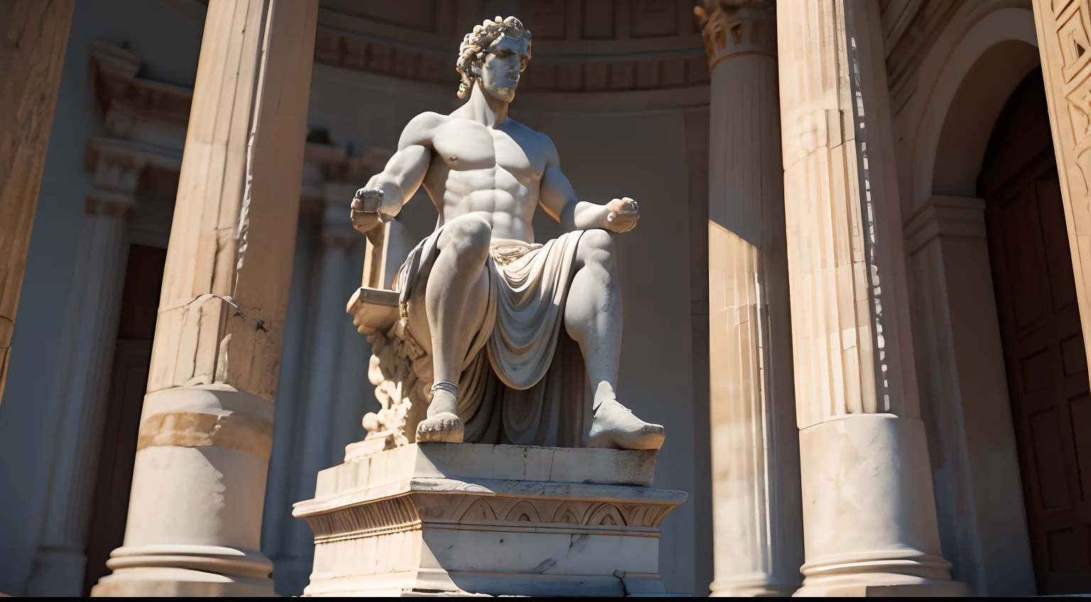 Ancient greek statue with angry expression, ambiente escuro, ao ceu aberto, 35 mm, full body, lateralmente, extremamente detalhado, Colors with low saturation with dark tone, Filmado em Sony A7S III com Sony FE 35mm f/1.8, 12.1 MP, --AR 3:2 --estilo cru