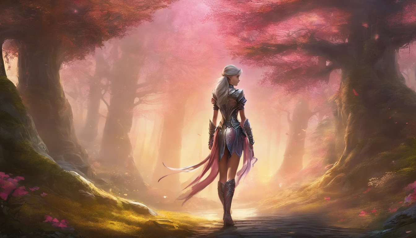 Android female, back view, forest as background, Masamune Shirow style, gray black and pink leather clothes, armored lingerie, hyperrealistic, realist, hyperdetalization of the body and, perfect blue eyes, professional photo, beautiful, ultra realistic, 32k, high resolution, high detail, soft lighting, cgi