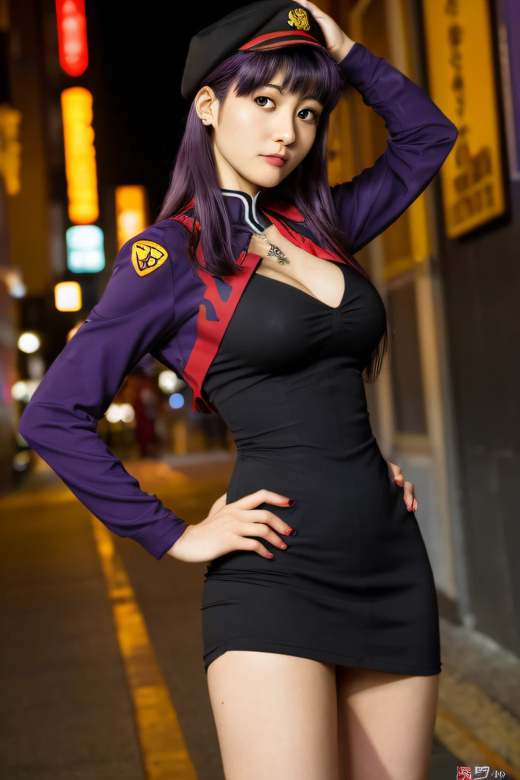 Misato Katsuragi, Evangelion, EVA 01, vestido corto negro, sexy, obra maestra, obra maestra, renderizar, NIKON, 1.8f, bokeeh, luces tenues, hermosa, purple hair, cabello morado, ojos hermosos, perfecta, cuerpo perfecto, belleza, ciudad, Tokio streets, noche, night, neon genesis, boina, short black dress, knecklace cross, beret