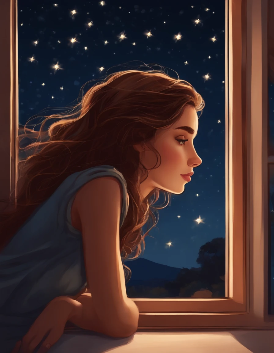 Realistic long brown haired girl half cartoom leaning out the window watching the night with the starry sky