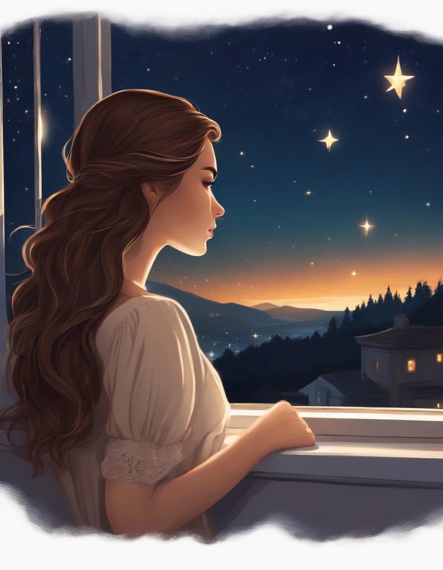 Realistic long brown haired girl half cartoom leaning out the window watching the night with the starry sky