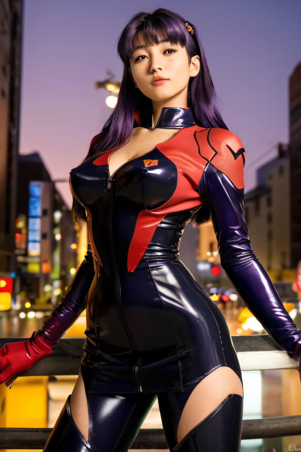 Misato Katsuragi, Evangelion, EVA 01, vestido corto negro, sexy, obra maestra, obra maestra, renderizar, NIKON, 1.8f, bokeeh, luces tenues, hermosa, purple hair, cabello morado, ojos hermosos, perfecta, cuerpo perfecto, belleza, ciudad, Tokio streets, noche, night,