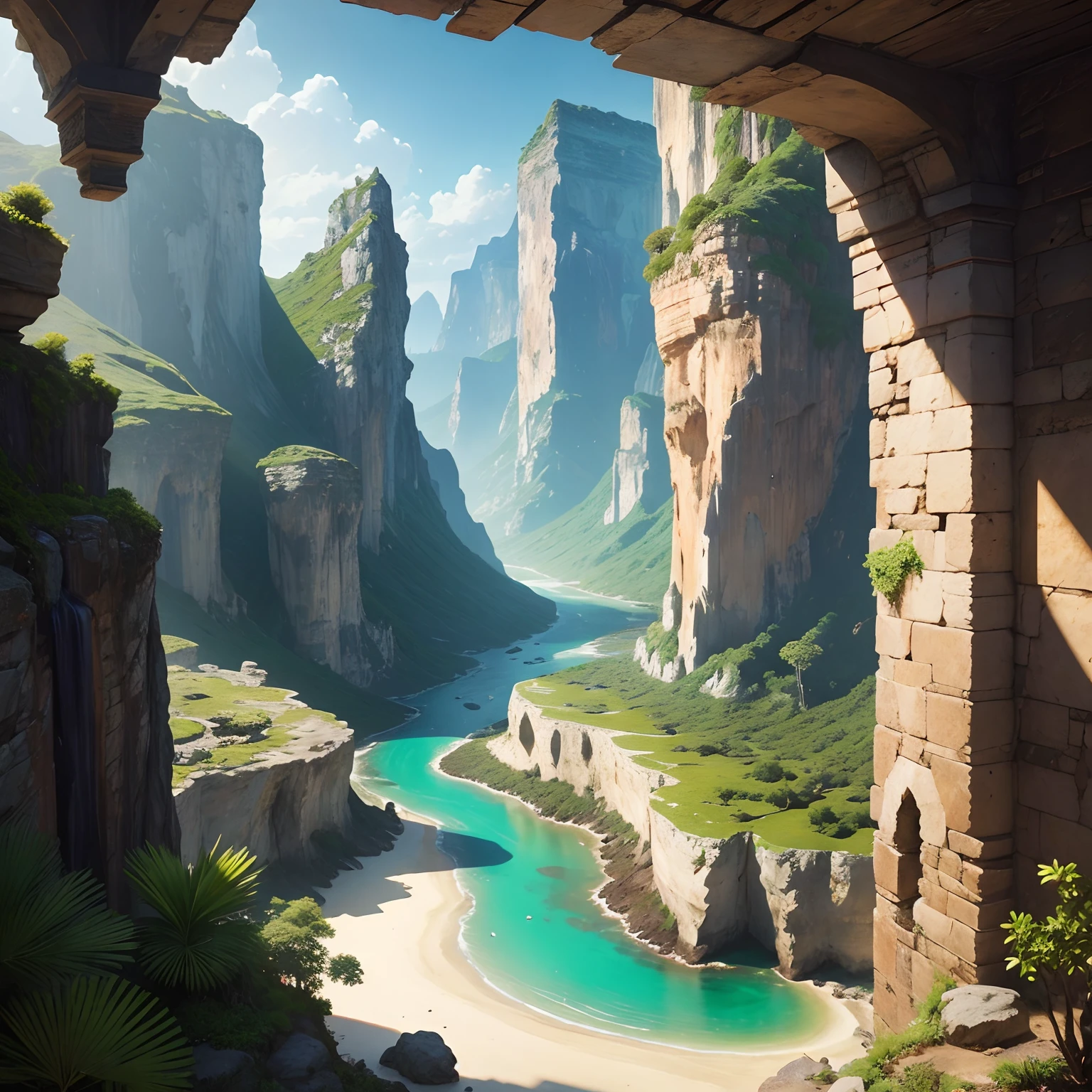 Fantasy Map on old paper, bottom left corner, rocky beach with palm trees, bottom right corner, rainforest with a river running through it it, top left corner, giant canyon, top right corner, jagged mountains, middle, botanical garden