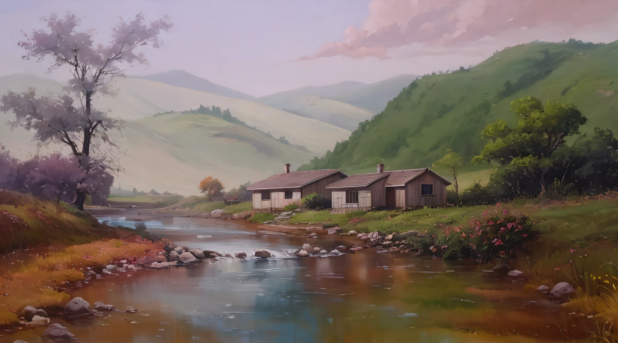 painting of a small house with a running stream ,com montanhas ao fundo,super realista 8k