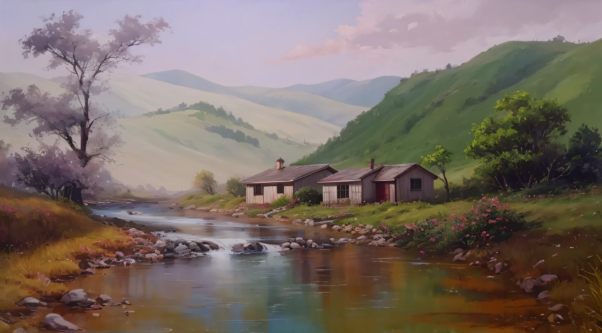 painting of a small house with a running stream ,com montanhas ao fundo,super realista 8k