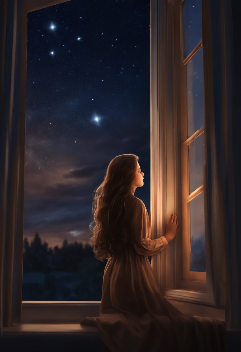 Realistic long brown haired half-cartoom girl leaning out of window watching the night with the starry sky
