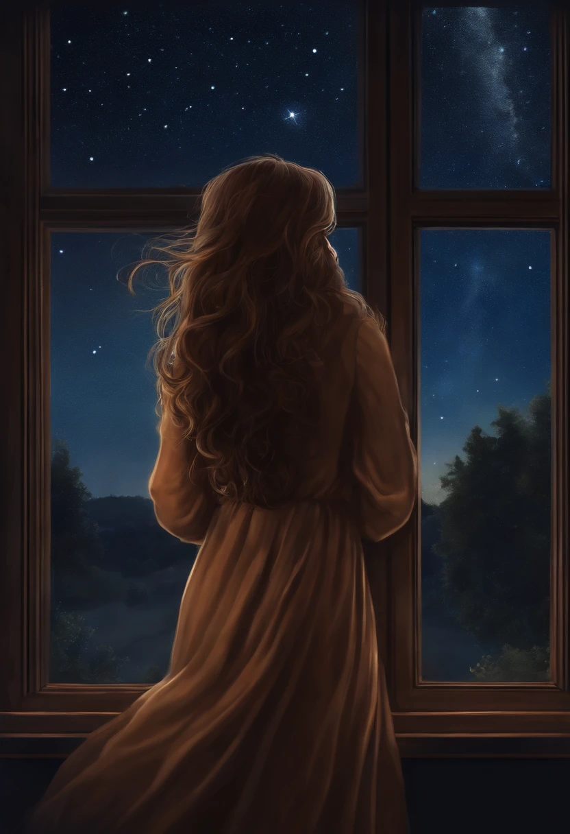 Realistic long brown haired half-cartoom girl leaning out of window watching the night with the starry sky