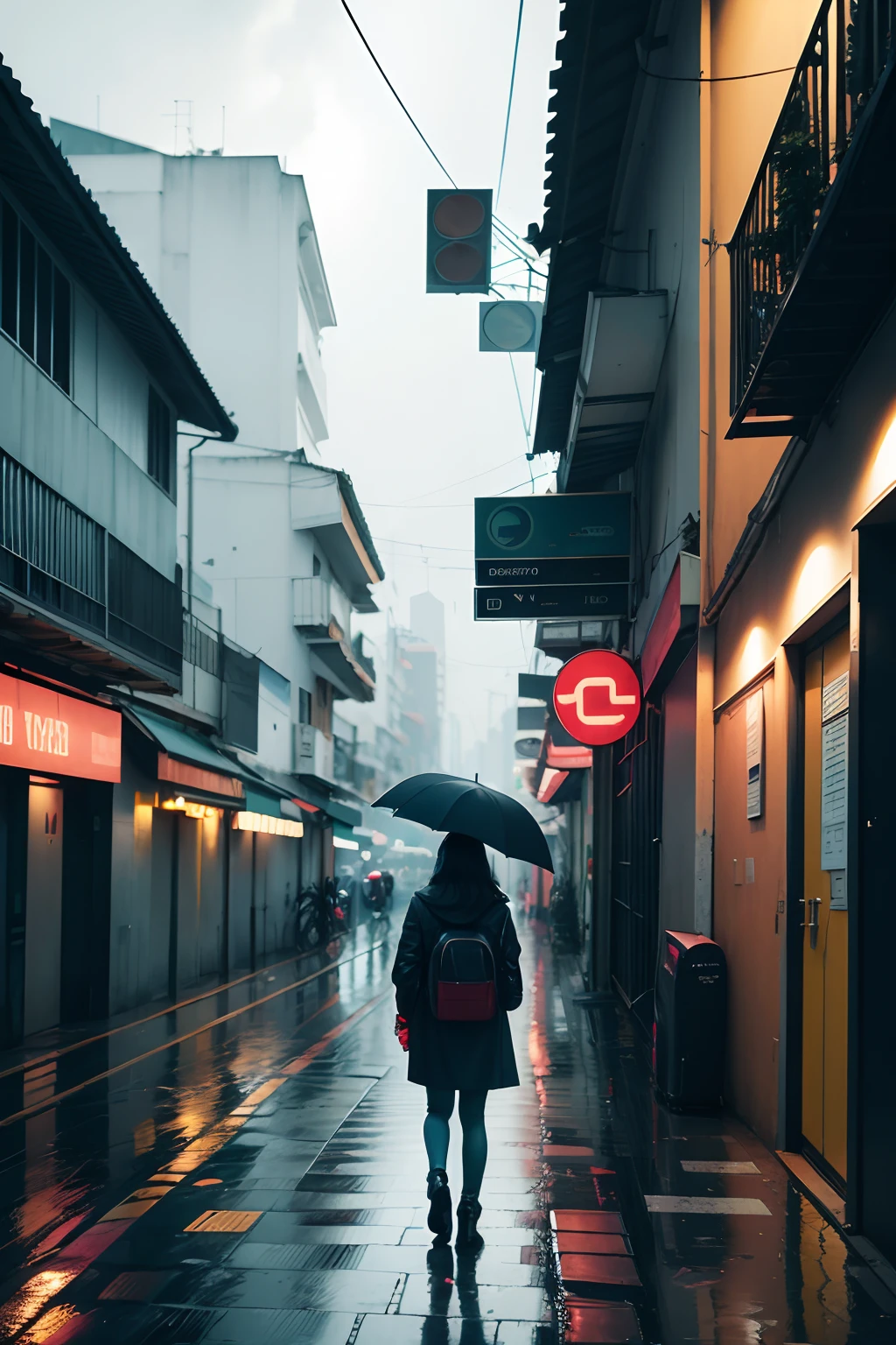 futurista, pensativo, paisagem, capa de revista, chuva, sad