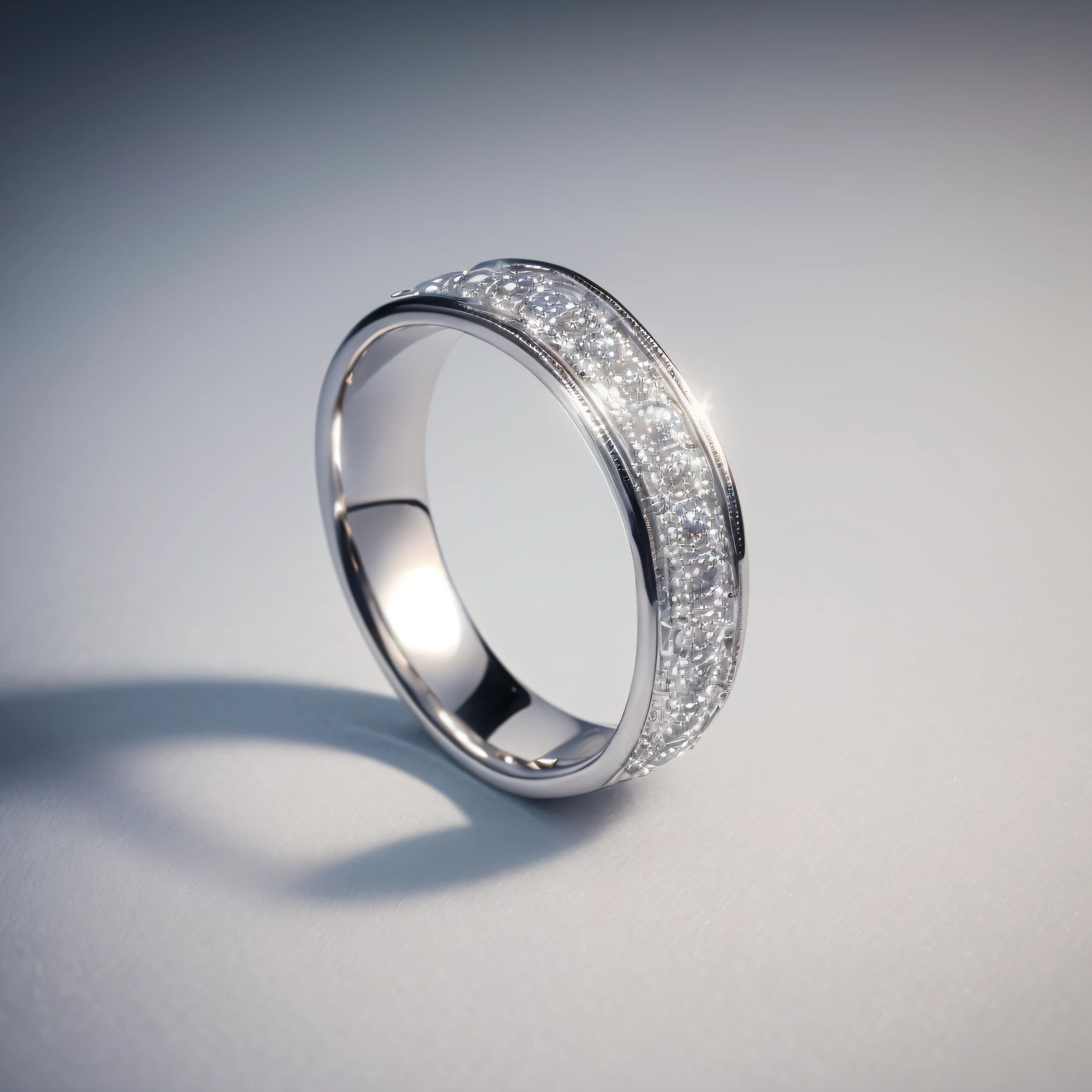 Close up of ring with diamonds on white surface, Close-up photo of ring flash, Platinum Jewelry, Ring lighting, Nordic Wedding Rings, Rendered in Corona, Jewelry Photography, Ring, rendered in povray, Engagement Ring Advertising, semi - realistic render, The ring is horizontal, high quality render, high quality render, hyper realistic detailed rendering, hyper realistic rendering