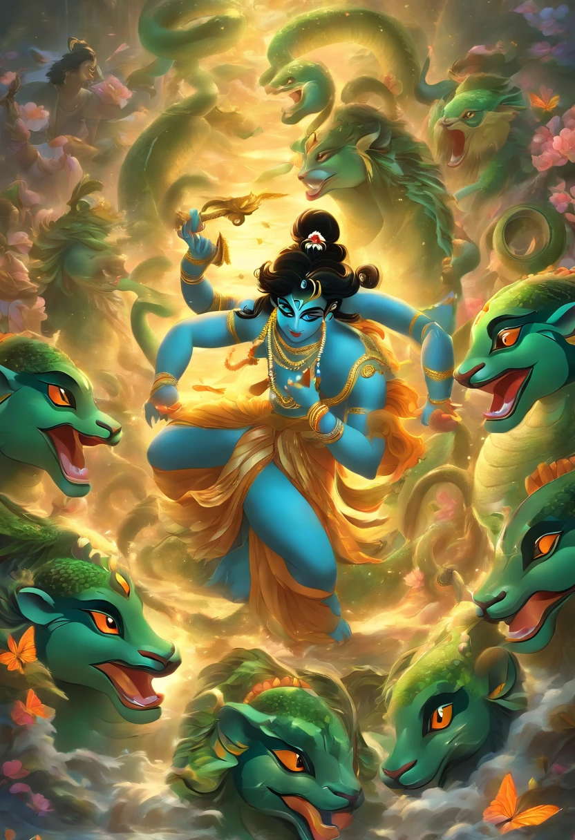 (((Krishna))) best quality, ultra-high resolution, 4K detailed CG, masterpiece, Krishna, Hindu god, on top of serpent, snake, multiple heads, dark green, coming out of river, river, Hindu mythology , ((on top of the snake)), Hindu image, aesthetic, beautiful, centered on the screen