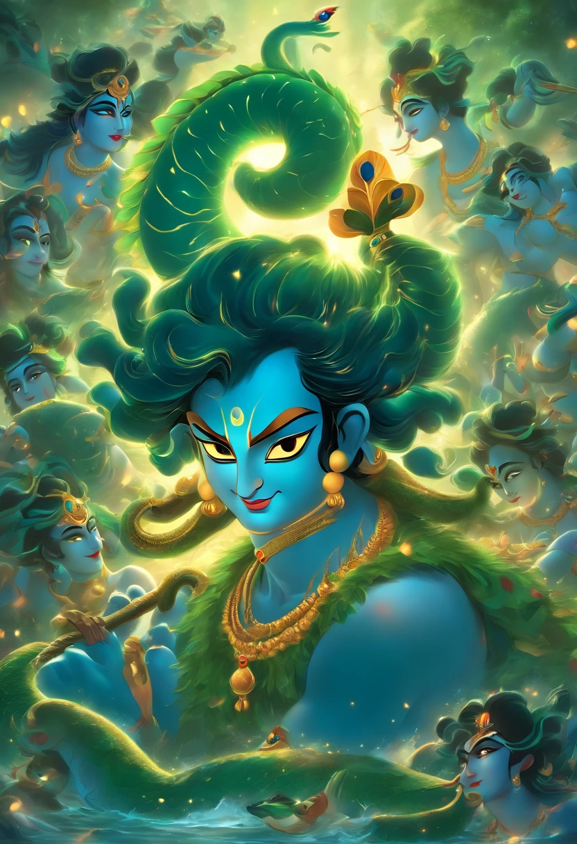 (((Krishna))) best quality, ultra-high resolution, 4K detailed CG, masterpiece, Krishna, Hindu god, on top of serpent, snake, multiple heads, dark green, coming out of river, river, Hindu mythology , ((on top of the snake)), Hindu image, aesthetic, beautiful, centered on the screen