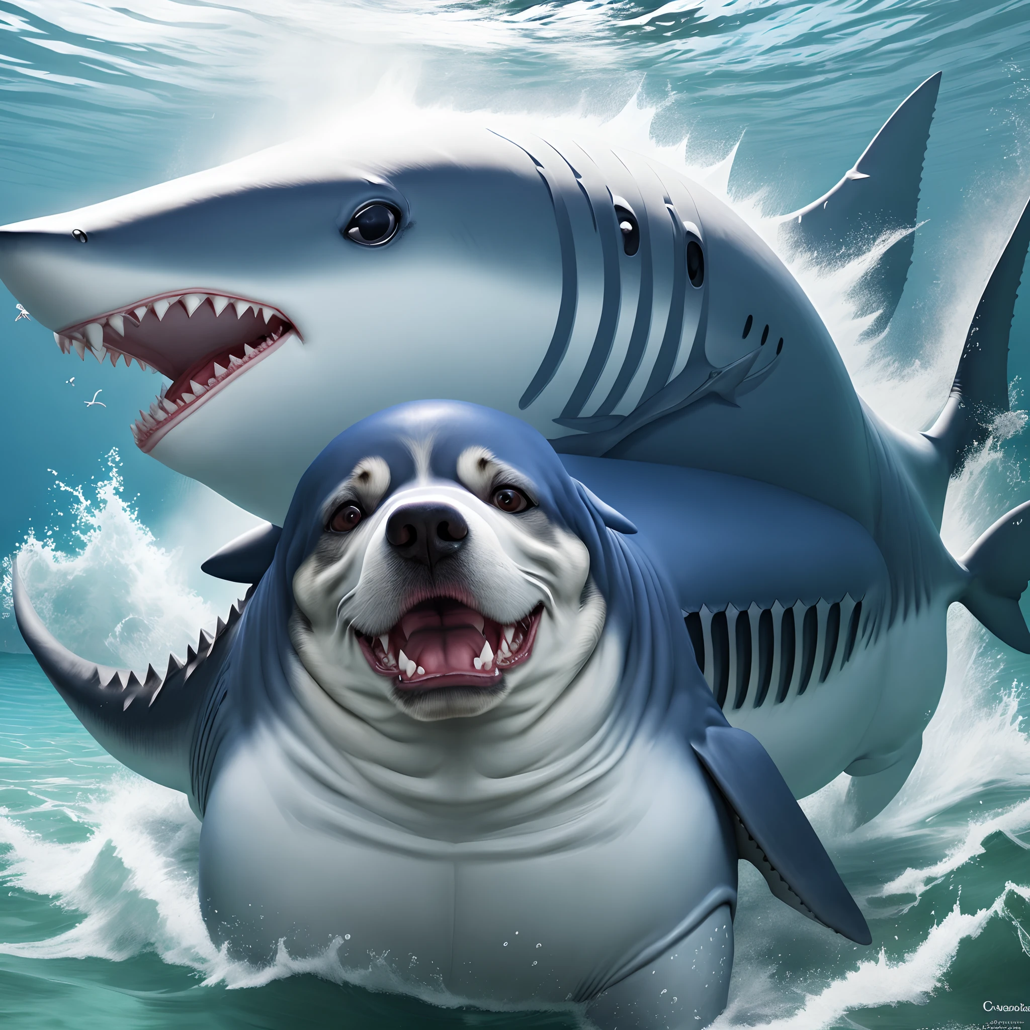 a shark on a leash as if it were a dog on land showing its teeth with an angry face