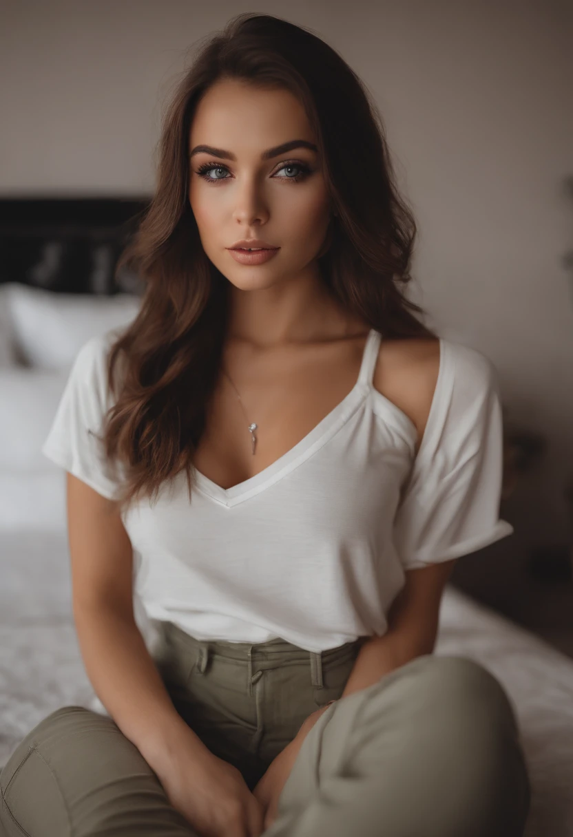 arafed woman with a white tank top and a necklace, sexy girl with green eyes, portrait sophie mudd, brown hair and large eyes, selfie of a young woman, bedroom eyes, violet myers, without makeup, natural makeup, looking directly at the camera, face with artgram, subtle makeup, stunning full body shot, piercing green eyes, beautiful angle, attractive pose, cute girl, sexy pose, full body picture, full body, full body shoot, brunette goddess, high detail, satisfied pose, wearing grey skirt and boots, skirt, boots