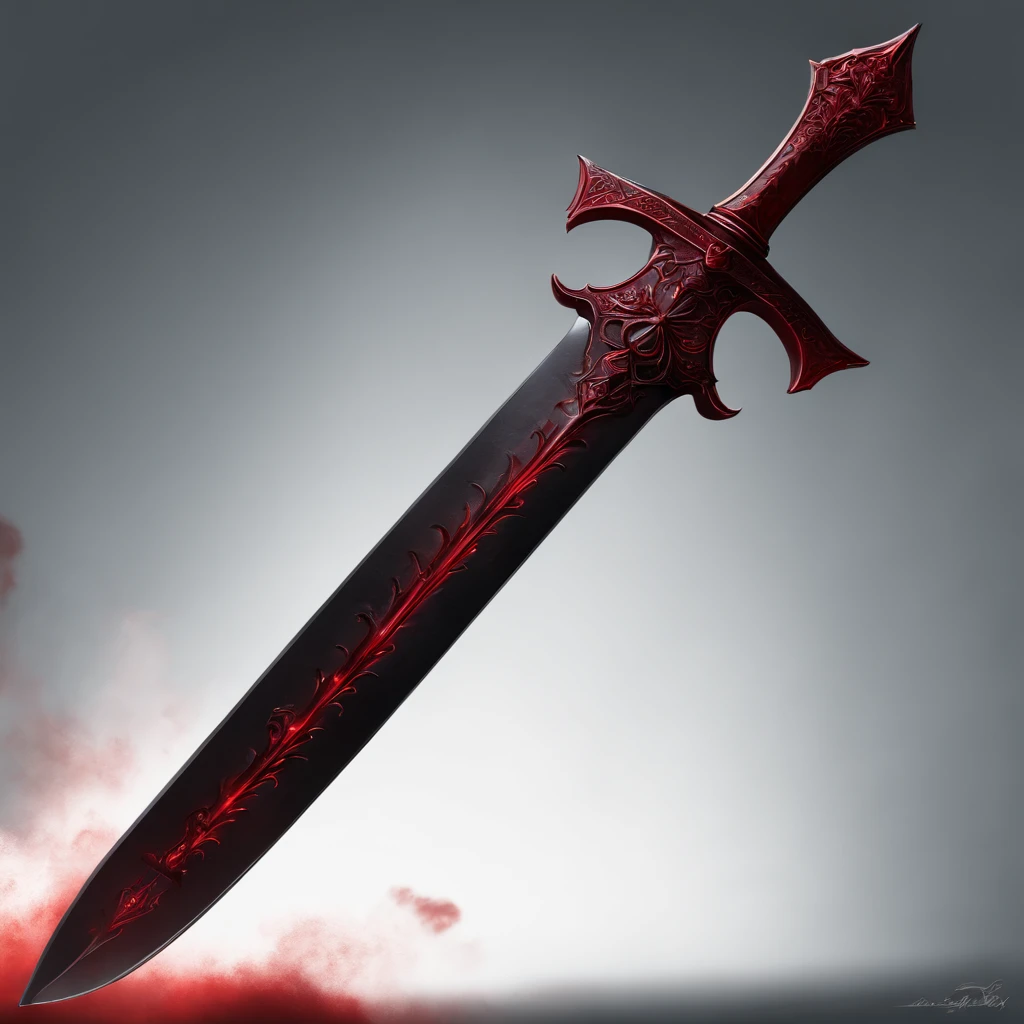Diagonal sword. The sword is diagonal. A red greatsword made with blood. The design is dark and red blood. The background is black. It has a red smoke around it. It has a red light arount it. RPG SWORD. FANTASY SWORD.