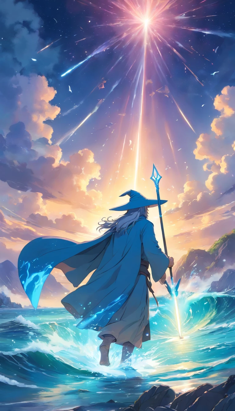 Gandalf na batalha contra os orcs  fundo estrelar raios e mar revolto