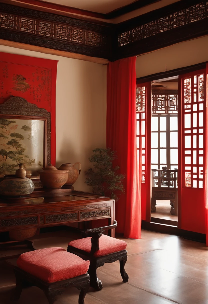 (antique interior design), Chinese home furnishings, round porch, depth, symmetrical design, ((antique carved door beams, carved beam paintings, tables and chairs, bonsai, vases, porcelain, trees, flowers, Chinese lamps, embroidery, screens, beds, cushions, red sand curtains)), exquisite home, rich details, ancient Chinese Ming dynasty style, quiet and elegant atmosphere, red tones as the keynote, exquisite and soft painting style, cinematic lighting effects, HD picture quality, soft light, Tyndall effect, dreamy, rich details, Reference Gu Kaizhi, 32k, high quality, high resolution, (very detailed CG unity 8k wallpaper)