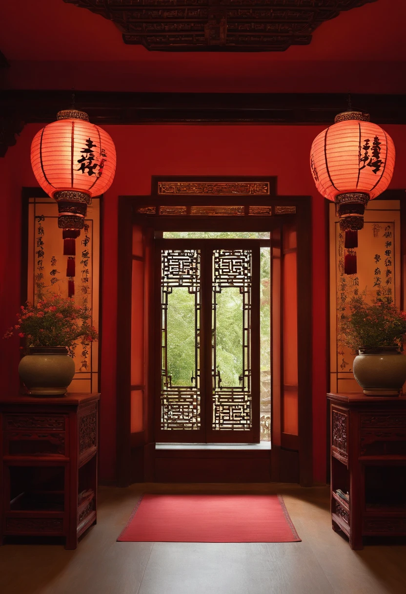 (antique interior design), Chinese home furnishings, round porch, depth, symmetrical design, ((antique carved door beams, carved beam paintings, tables and chairs, bonsai, vases, porcelain, trees, flowers, Chinese lamps, embroidery, screens, beds, cushions, red sand curtains)), exquisite home, rich details, ancient Chinese Ming dynasty style, quiet and elegant atmosphere, red tones as the keynote, exquisite and soft painting style, cinematic lighting effects, HD picture quality, soft light, Tyndall effect, dreamy, rich details, Reference Gu Kaizhi, 32k, high quality, high resolution, (very detailed CG unity 8k wallpaper)