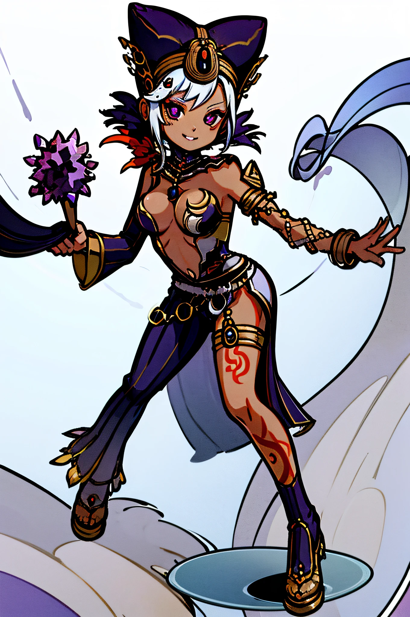 1girl, solo, looking at viewer, smile, cia, breasts, dark skin, purple eyes, short hair, white hair, dark-skinned female, hair ornament, cleavage, jewelry,feathers, hat, bracelet, tattoo, navel.
