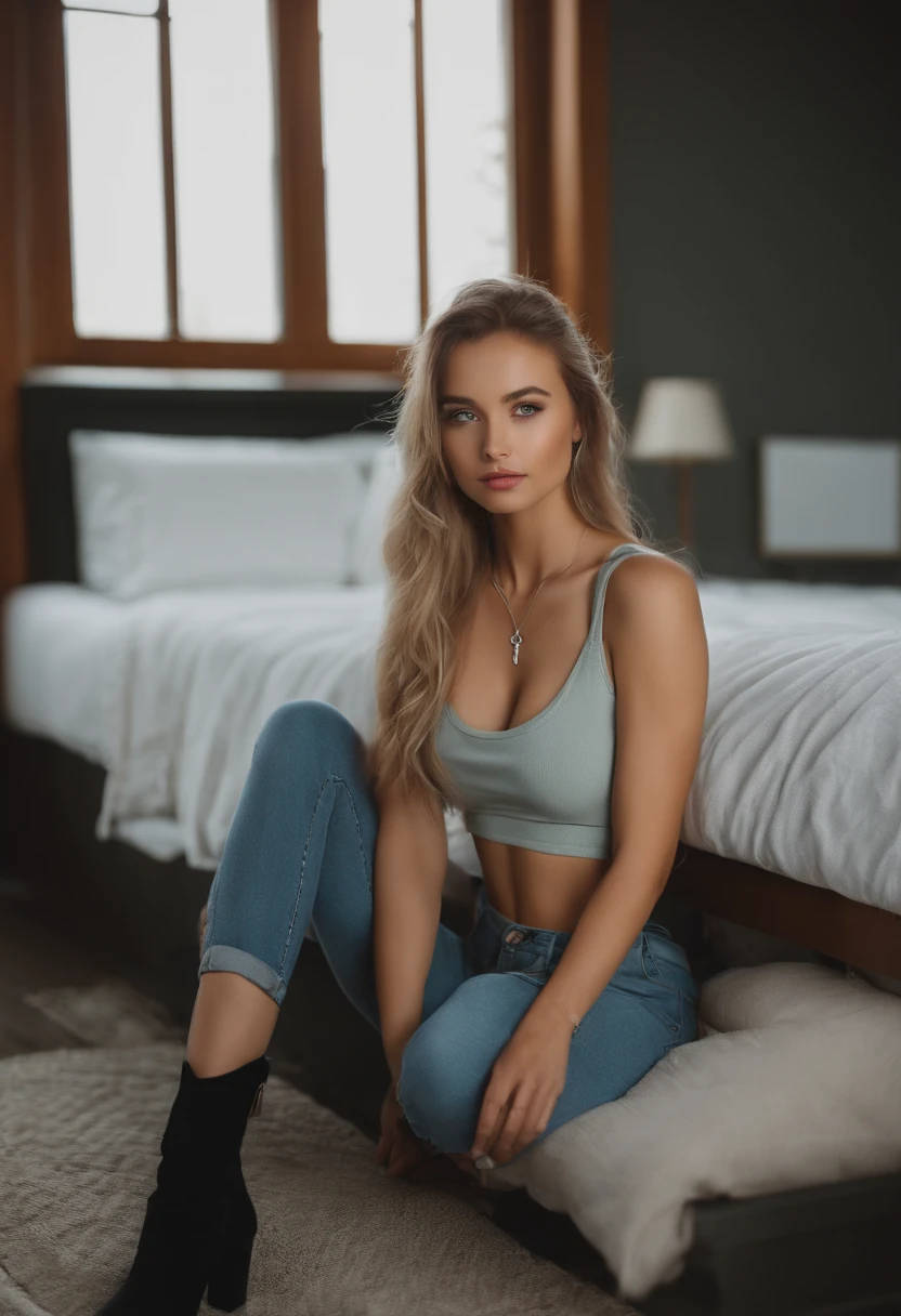 arafed woman with a white tank top and a necklace, sexy girl with blue eyes, portrait sophie mudd, blonde hair and large eyes, selfie of a young woman, bedroom eyes, violet myers, without makeup, natural makeup, looking directly at the camera, face with artgram, subtle makeup, stunning full body shot, piercing green eyes, beautiful angle, attractive pose, cute girl, sexy pose, full body picture, full body, full body shoot, brunette goddess, high detail, satisfied pose, wearing grey skirt and boots, skirt, boots