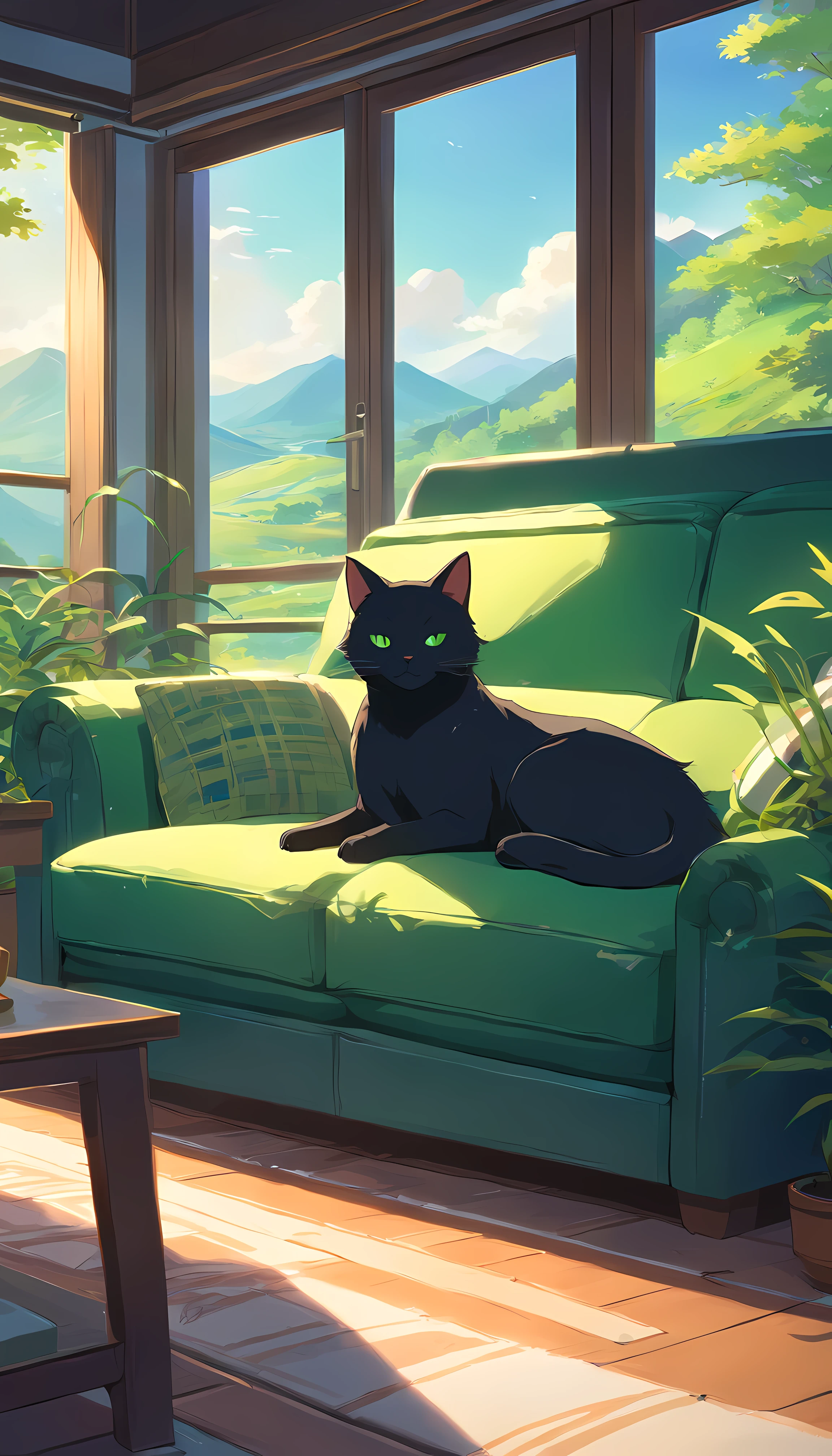 Idyllic masterpiece of a sleek black cat with vivid green eyes lounging on a sofa overlooking a lush mountainous landscape. Its inky fur blends into the leather furniture, fluffy tail curled around its relaxed body. Eyes half-closed in contentment as a warm breeze ruffles whiskers overlooking the rolling green hills and forests below. Detailed textures in the cat's coat and the woven sofa cushions anchor the cat in the peaceful nature scene rendered in flawless 4K realism