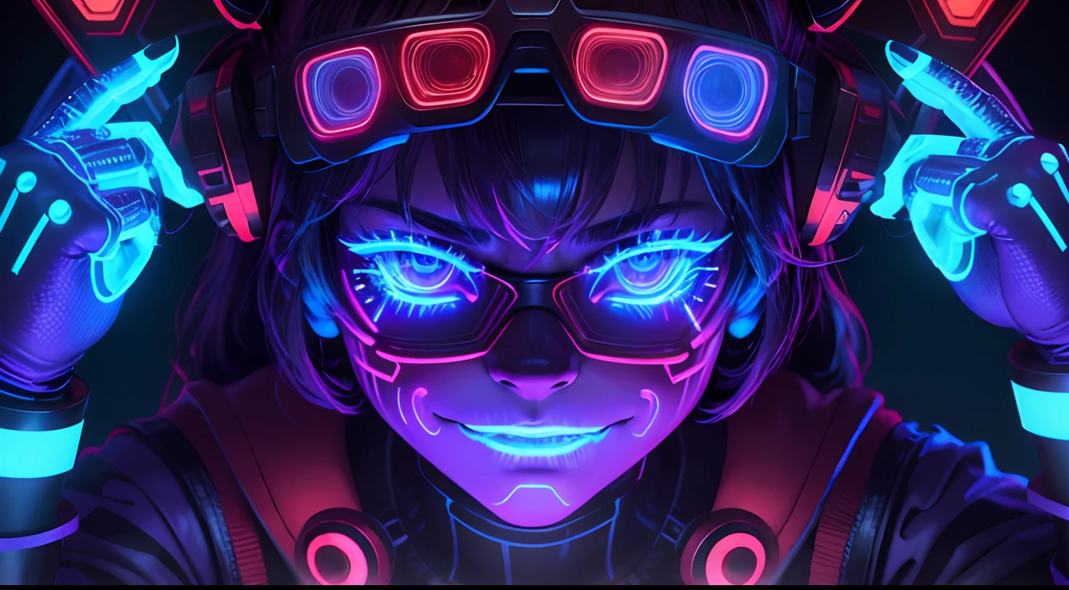 FNAF, Cinco noites no Freddy's, Freddy Fazbear with a cybernetic armor that glows in shades of blue and red. Her face has augmented reality mask features with luminous lines and a holographic lens that shines in her eyes! Estilo cyberpunk