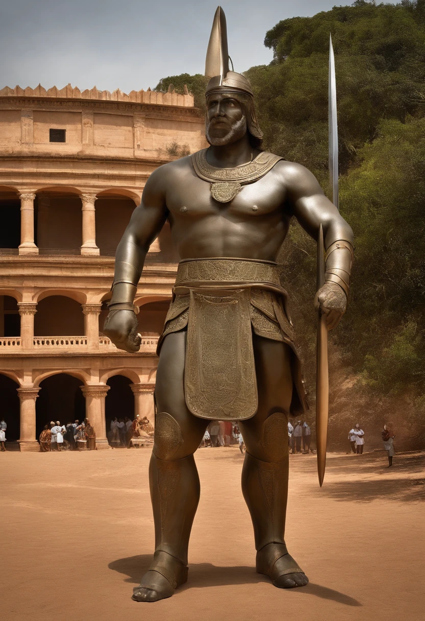 Na cena retratada, Somos transportados para uma cena de batalha carregada de simbolismo. no centro da imagem, a colossal giant known as Goliath occupies an imposing position. His extraordinary stature and robust musculature are evident, causing him to stand up like an unshakable force. Vestindo uma armadura reluzente de bronze, ele emana um ar de invulnerabilidade. The expression on his face is one of dominant confidence, while he wields a spear that looks as big as he is.. Contrastando grandemente com a figura imponente de Golias, To the left of the scene, vemos Davi. He stands out for his humble appearance and his simple robes, como um humilde pastor de ovelhas. Wearing a rustic tunic and bringing with him a small bag at the waist, He seems an unlikely protagonist in this clash. No entanto, His gaze is fearless and his posture radiates quiet courage. He holds a sling in one hand and is about to grab a rock from his bag, Preparando-se para o desafio monumental que tem pela frente. The surrounding landscape adds to the dramatic atmosphere. We are on an open plain, onde o vento suave levanta poeira, creating a sense of tension in the air. A luz do sol incide diretamente sobre a cena, destacando os detalhes da armadura de Golias, and creating an aura of determination around David;. No fundo, A crowd of spectators watches the scene with a mixture of curiosity and apprehension. The epic aura of this transcendental moment is captured when the fate of a nation is about to be decided by the confrontation between the unexpected David and the formidable Goliath.