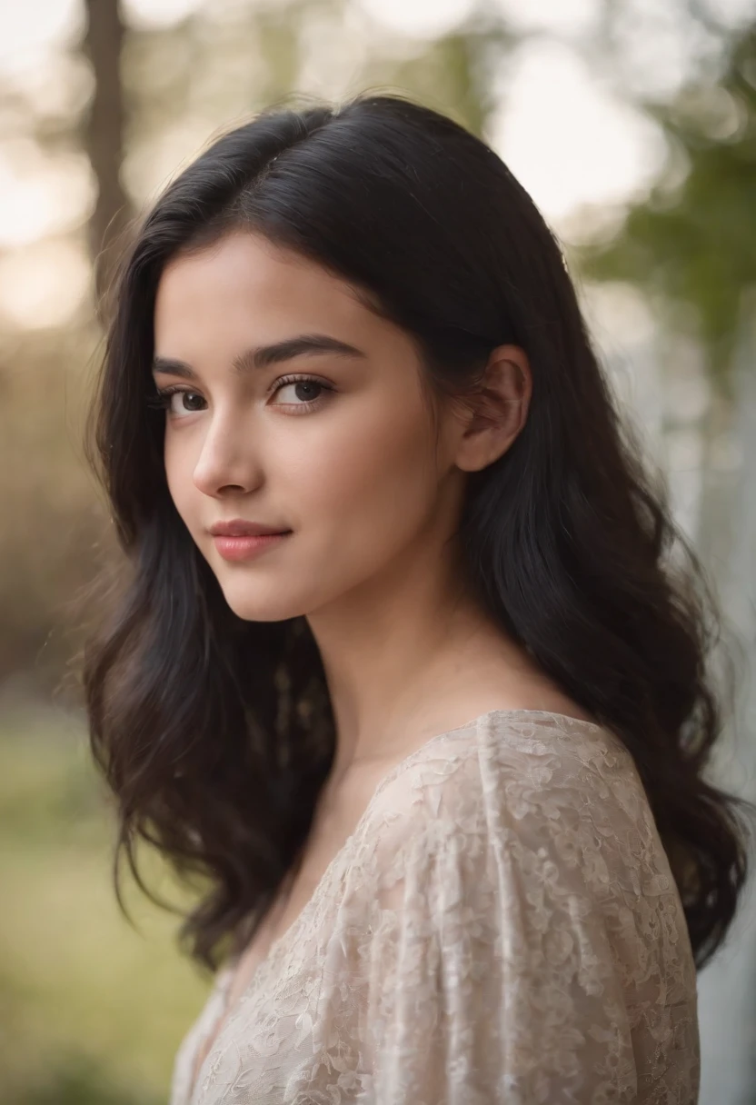 girl with very voluminous black hair, with a high chin and a haughty, stern air, avec un rire moqueur