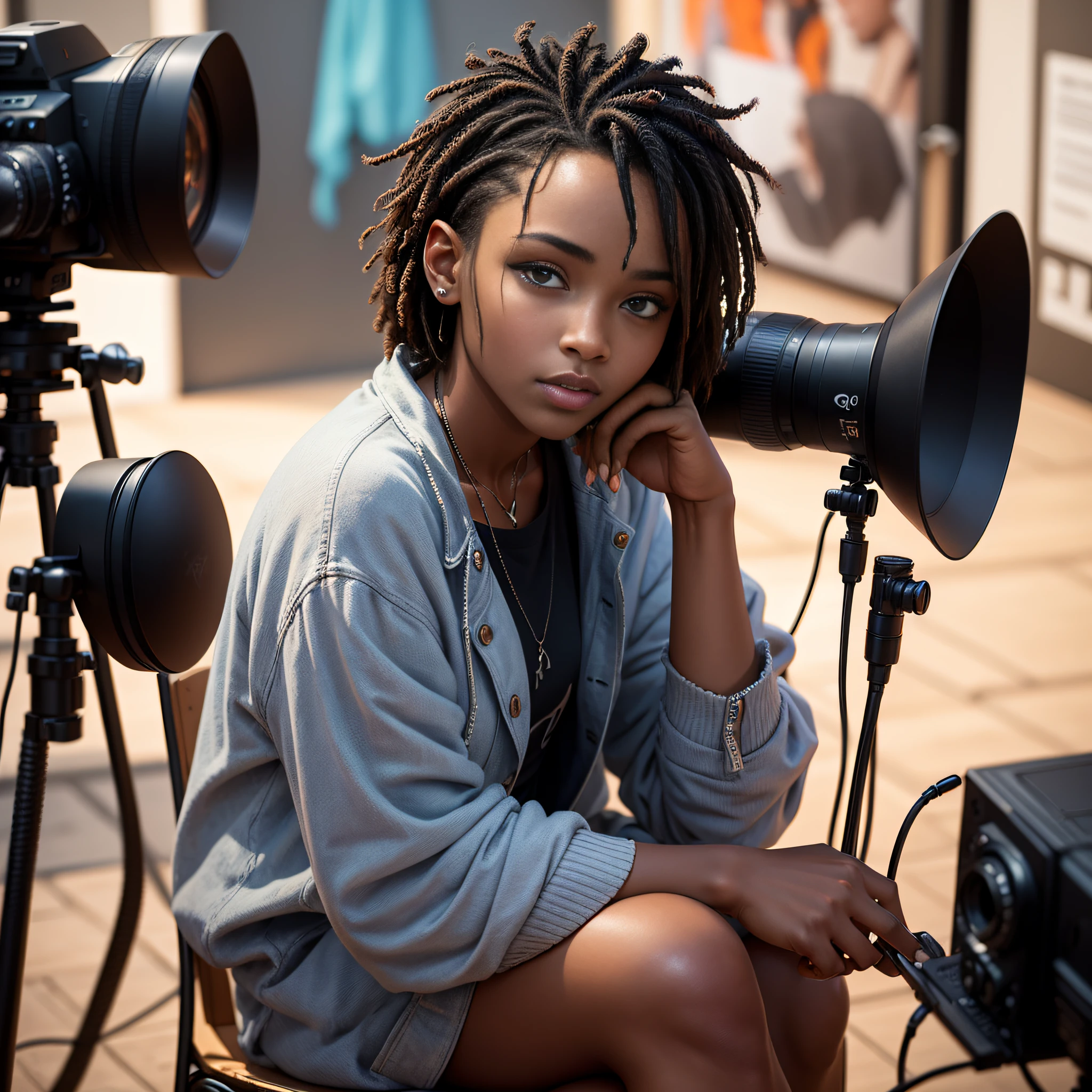 A young black African director sits on a chair and gives directions on the set during the shooting of a film surrounded by a camera ,illustrated,high resolucion,Ultra-detailed,Realstic,professionnel,Detailed face,detailed lips,detailled eyes,Detailed specifications,detailed expression,Detailed Emotions,detailed facial expression,Creative composition,studio lighting,Couleurs vives,Toile de fond artistique,Bokeh