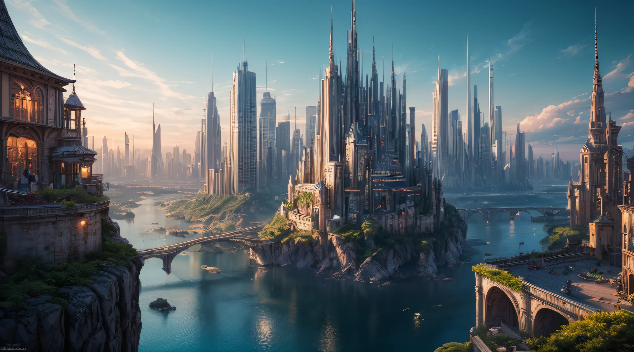 (best quality,4k,8k,highres,masterpiece:1.2),ultra-detailed,(realistic,photorealistic,photo-realistic:1.37),huge castles,skyscrapers floating in the sky,utopia,top quality fantasy,cyberpunk isekai,giants waterfall,mother nature,unimaginable,unbelievable,virtual reality,oasis of serenity,colorful neon lights,futuristic technology,vibrant cityscape,awe-inspiring architecture,unlimited possibilities,mesmerizing view,ethereal atmosphere,enchanting environment,majestic structures,thousands of feet high,sparkling clear water,breathtaking scenery,transcendent beauty,surreal landscape,architectural marvels,wonder of nature,harmony between man and nature,limitless imagination,urban paradise,dream-like setting,unrealistically magnificent,picture-perfect moments,serene tranquility,spellbinding aesthetic,awe-inducing skyline