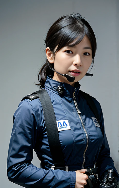 Highest image quality, outstanding details, ultra-high resolution, (realism: 1.4), highly condensed 1girl, with a delicate and beautiful face, ((close up:0.75)), (wearing racing suit likes police uniform, black and grey mecha, wearing military harness, a high-tech headset, holding a machinegun), (scared:1), background, no body, fires, smokes,