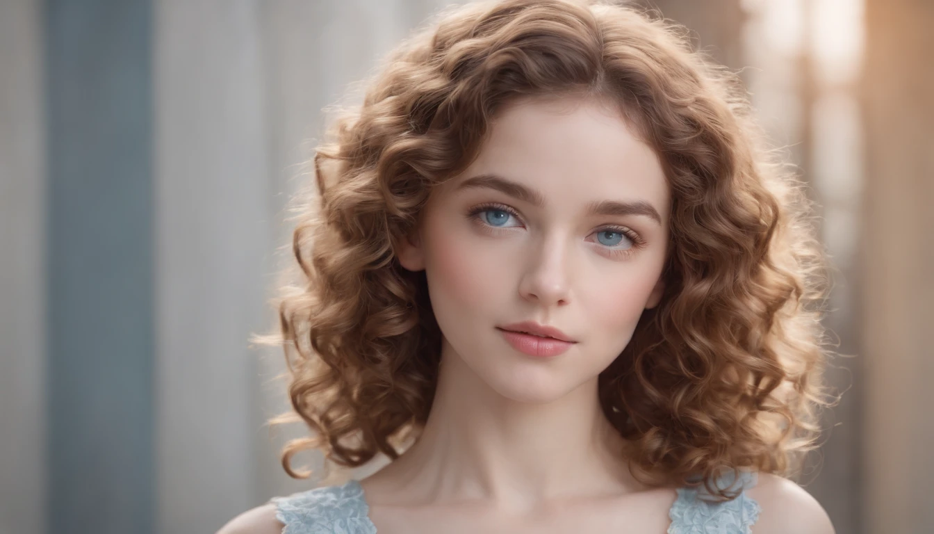 "Full body portrait of a charming girl with curly hair, petite figure, beautiful face, captivating blue eyes, and modest bust size, showcasing her natural beauty."