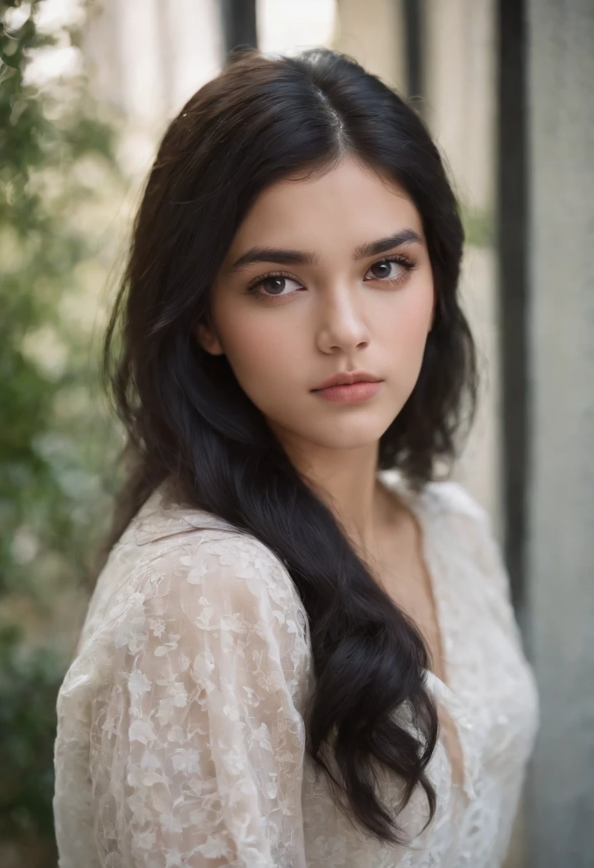 teenage girl with very voluminous black hair, with a high chin and a haughty, stern air