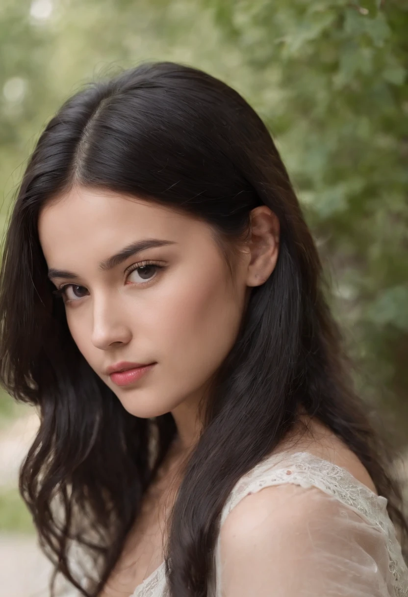 girl with very voluminous black hair, with a high chin and a haughty, stern air