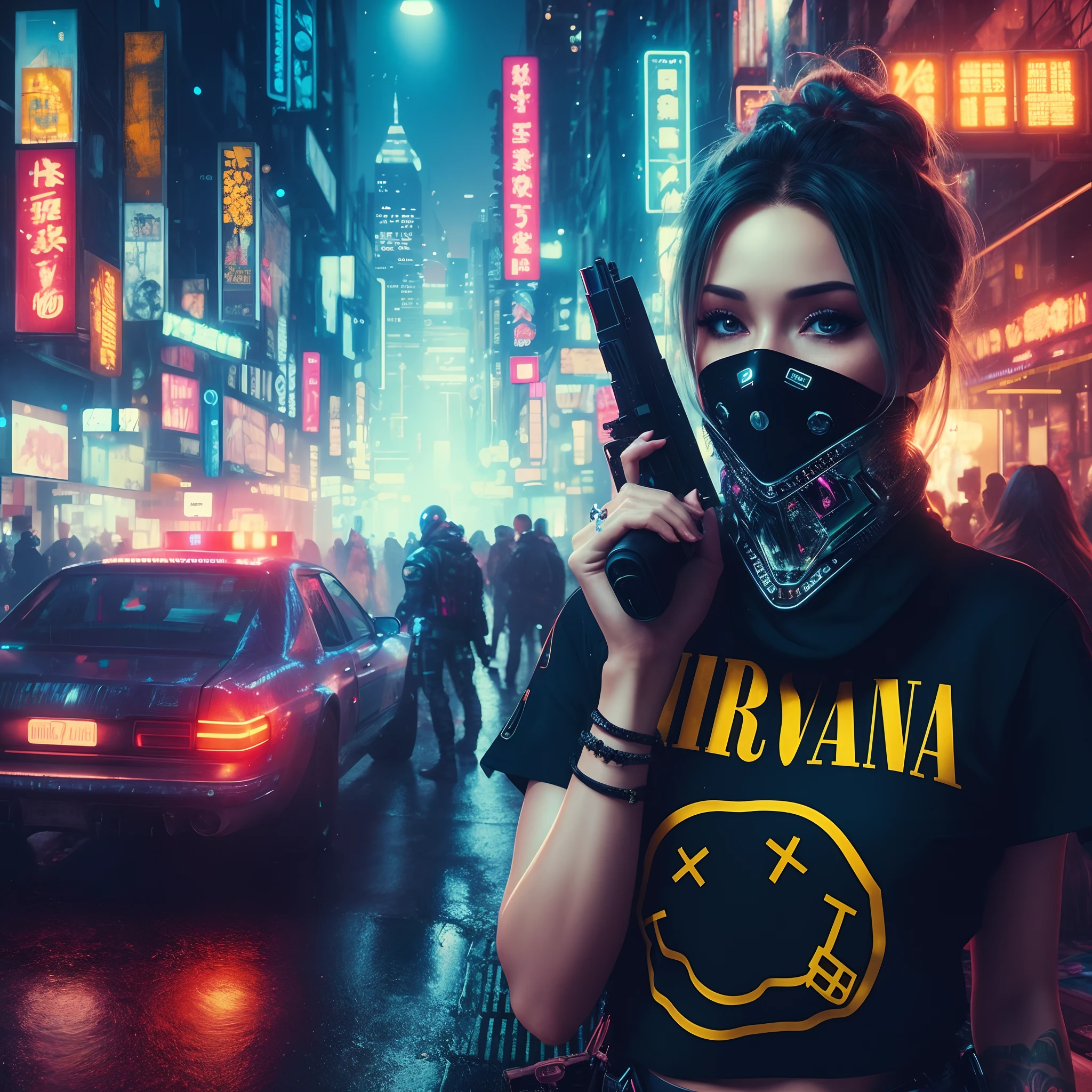 Masterpiece, Close-up, a beautiful Italian with huge breasts and robotic arms in a dystopian city with neon signs and holograms projected on the buildings and sky, lipstick, transparent white latex clothing, pink virtual reality glasses, tattoos, long straight blonde hair, day. cyberpunk aesthetics, action movie shot by Kon Satoshi, very detailed lighting, dramatic, digital art trend in Artstation 8k HD high definition detailed realistic, detailed, skin texture, hyper detailed, realistic skin texture, armor, best quality, ultra high res, (photorealistic: 1.4), high resolution, detailed, Raw photo, Sharp Re, by Lee Jeffries Nikon D850 Film Stock Photography 4 Kodak Portra 400 Camera F1.6 Lens Rich Colors Hyper Realistic Realistic Texture UnrealEngine Dramatic Lighting Trend in ArtStation Cinestill 800