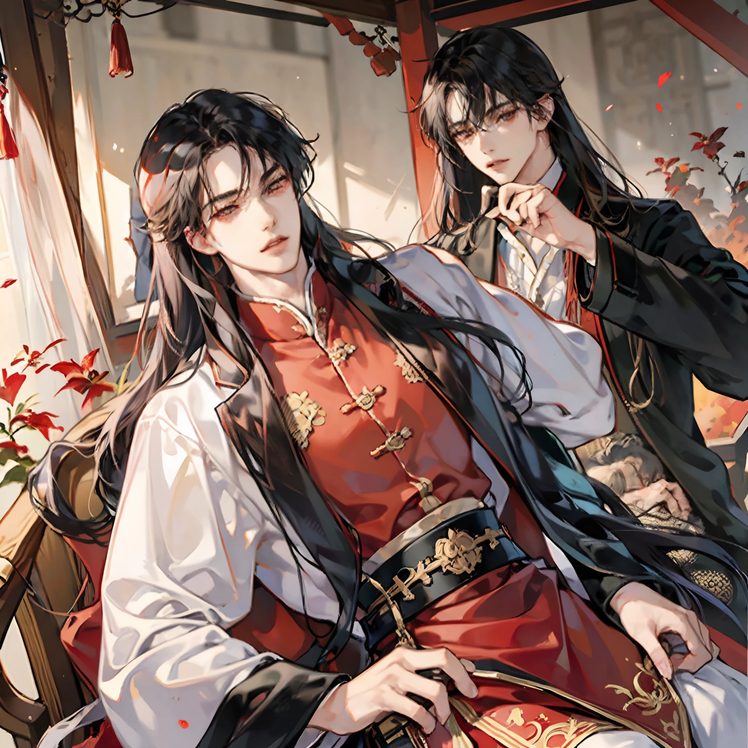 tmasterpiece,Need,A man,China-style,Chinese Ancient Times,Hair,dishiveredhair,long whitr hair,with long bangs,Handsome,virile,gentleness,large tall,A tranquil,Red robe,exteriors,cloaks,High hills,nevando, Young men,Quaint,tmasterpiece,Need,Leprechaun,red fox,Animal ears,Handsome guy,Silver,Long hair,Hair is scattered,Dark Hanfu,There are glasses on the face,Cool handsome