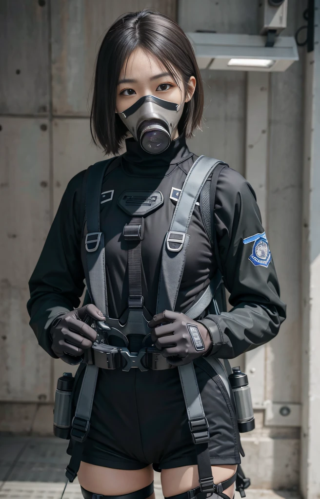 Highest image quality, outstanding details, ultra-high resolution, (realism: 1.4), ((close up:0.75, from front)), Photorealistic, highly condensed 1 lady, full body, aiming with a rifle, Combat pose, (Detailed face), looking at the camera, (a bit chubby:0.45), (cloths color black:0.4 white:0.5 other-color:0.1), (wearing nylon rash-guard as police uniform, gloves, Fingers are occluded, black and grey mecha, wearing futuristic-gasmask, military harness, holding a machinegun, carrying hich-tech-backpack), background darkness greywall,