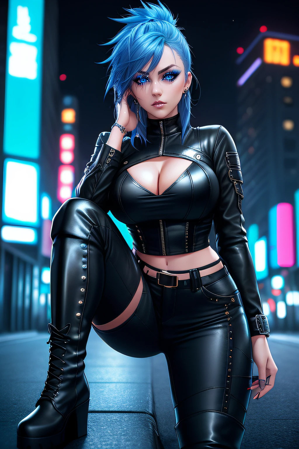 beautiful girl, full body, short bright blue dishevelled hair, large blue piercing eyes, black eyeshadow, (street style wear:1.2), ((tight fitted pants)), ((knee high leather boots)), (city night background:1.2), dark makeup, digital art, trending on artstation, highly detailed, fine detail, intricate, beautiful detailed glow, detailed, Cinematic light, high-res, detailed facial features, sharp focus, smooth, aesthetic,
