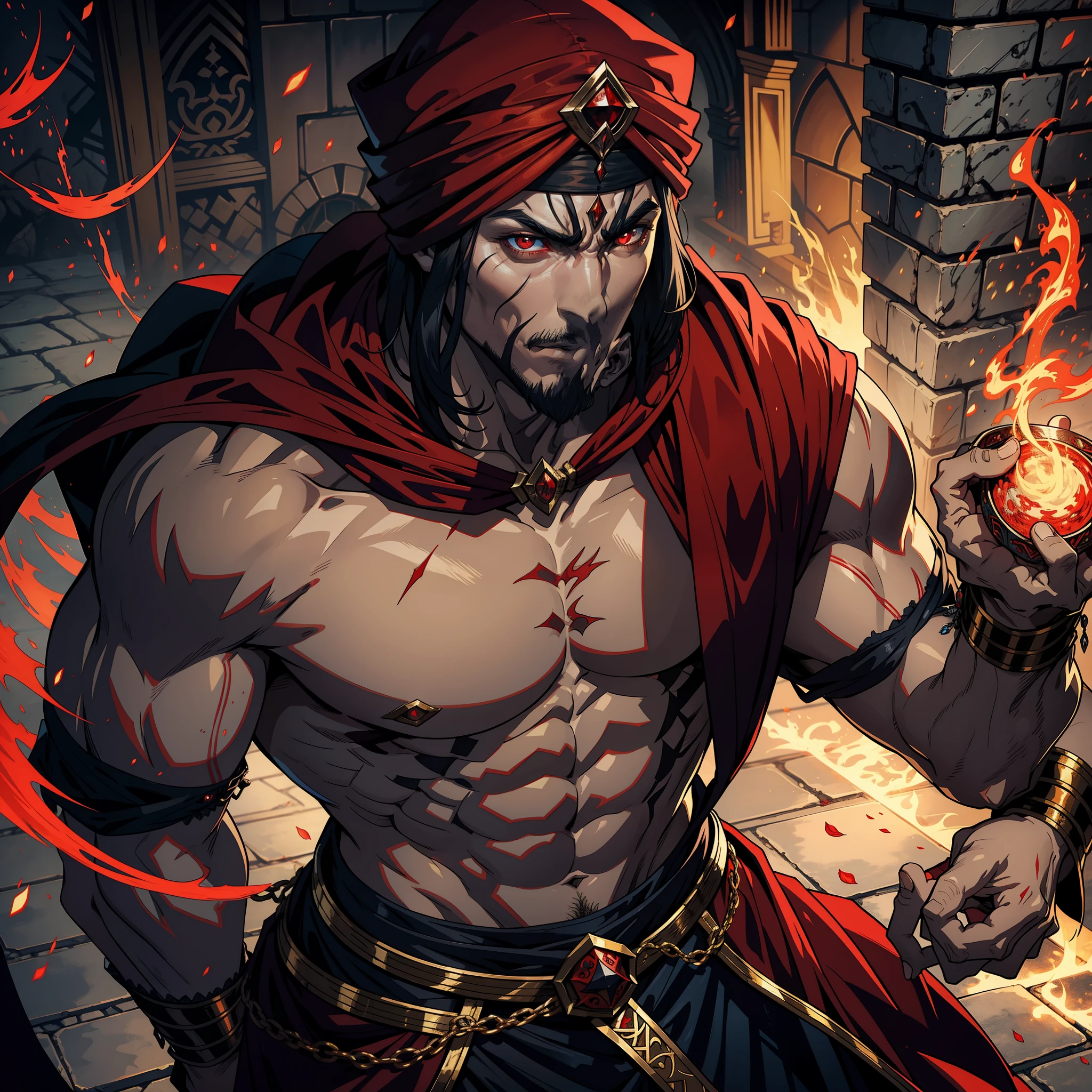The Moroccan Arab Lord Dracula muscular fearless handsome scary man leading an army of Djinns in hyper realistic medieval combat Super Detailed High-quality centerpiece Lord Dracula with red turban Scary face Red Eyes Legendary Epic Scene Battle Atmosphere