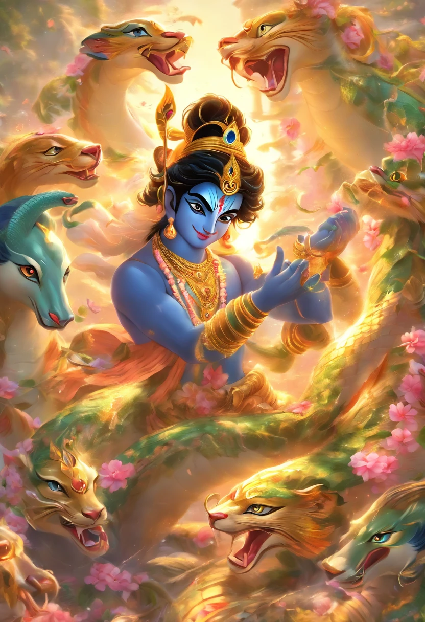 (((Krishna on top of the serpent))) best quality, ultra-high resolution, 4K detailed CG, masterpiece, Krishna, Hindu god, ((on top of the snake))fierce serpent, snake, serpent, coming out of the river, river, Hindu mythology, Hindu image, aesthetic, screen-centered